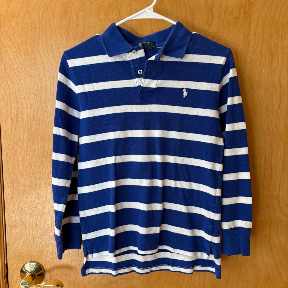 Polo Ralph Lauren Polo Shirt Kids Size M 10-12 Blue White Striped Long Sleeve